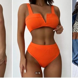 Shein Orange Ribbed V Notch Top & High Waisted Bikini Bottom Set New